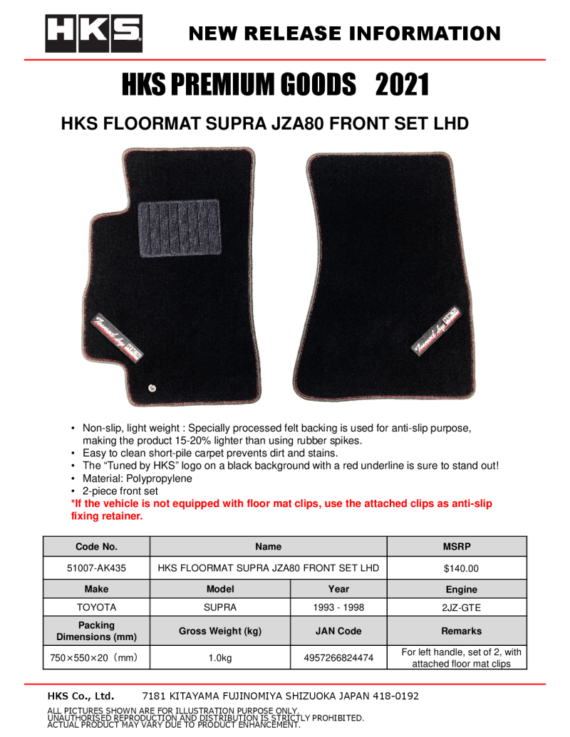 HKS FLOOR MATS JZA80 FULL SET OCT LHD main image 1