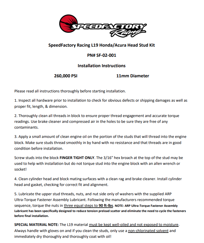 kurobee L SpeedFactory Racing Extreme Duty L19 Head Stud Kit for Honda