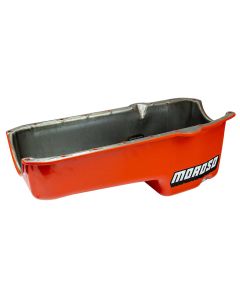 Oil Pan, SBC 80-85 Passenger Side Dip Stick, Dart Shp, 7.50 In. Deep, Powder Coated Chevy Orange