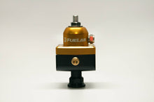 Load image into Gallery viewer, Universal CARB Adjustable Fuel Pressure Regulator Blocking Style Mini 4-12 psi (1) -6AN Inlet (2) -6AN Outlets Gold FUELAB
