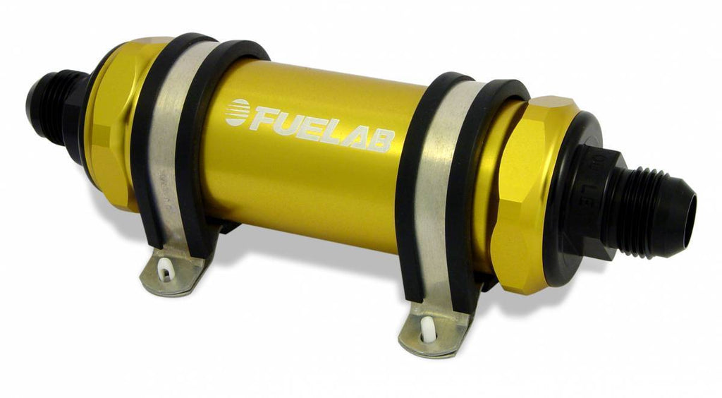 In-Line Fuel Filter Long Length -10AN Inlet/Outlet 100 Micron Stainless Steel Element Gold FUELAB