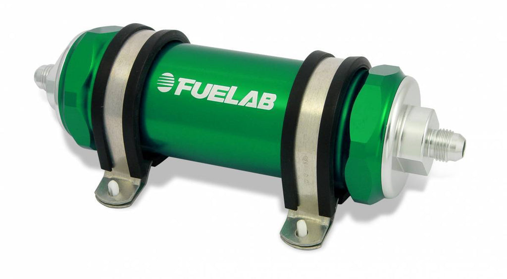 In-Line Fuel Filter Long Length -8AN Inlet/Outlet 6 Micron Fiberglass Element W/Check Valve Green FUELAB