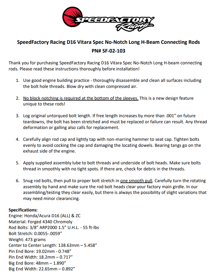 SpeedFactory Racing D16 Vitara Spec No-Notch Long Connecting Rods