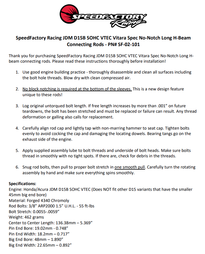SpeedFactory Racing JDM D15B SOHC VTEC Vitara Spec No-Notch Connecting Rods