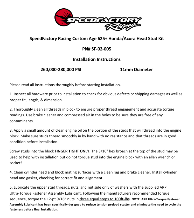 SpeedFactory Racing Extreme Pro Duty CA625+ Head Stud Kit for Honda/Acura B & K Series