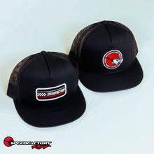 Load image into Gallery viewer, SpeedFactory Racing Finish Line Patch Snap Back Trucker Hat - Black