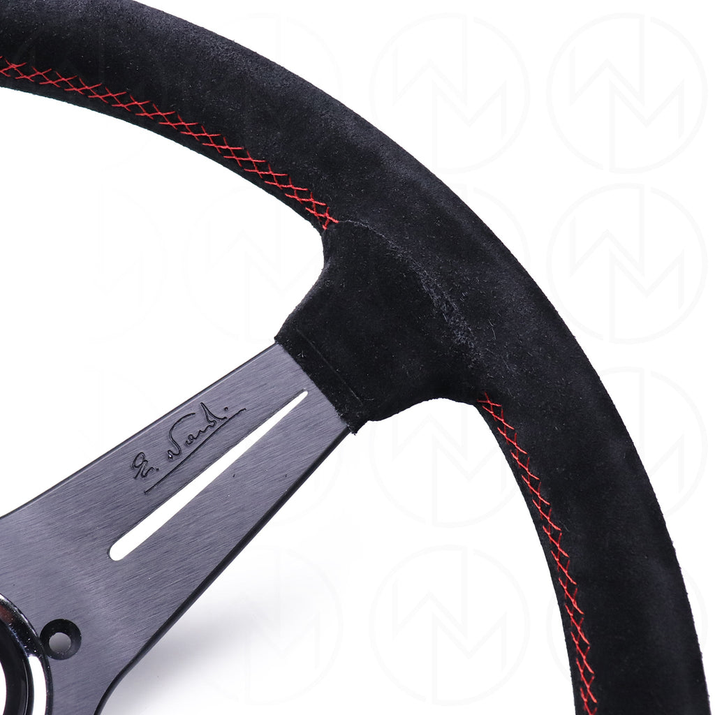 350mm Red Nardi Style Deep Dish Steering Wheel - Suede & Aluminum, Universal Fit