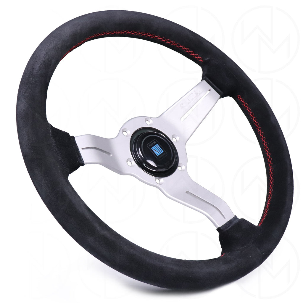 Nardi Sport Rally Deep Corn Steering Wheel - 330mm Suede w/Silver Spokes and Red Stitch