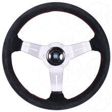 Load image into Gallery viewer, Nardi Sport Rally Deep Corn Steering Wheel - 330mm Suede w/Silver Spokes and Red Stitch
