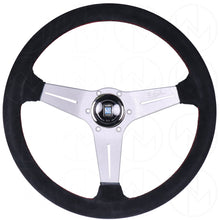 Load image into Gallery viewer, Nardi Sport Rally Deep Corn Steering Wheel - 350mm Suede w/Silver Spokes and Red Stitch